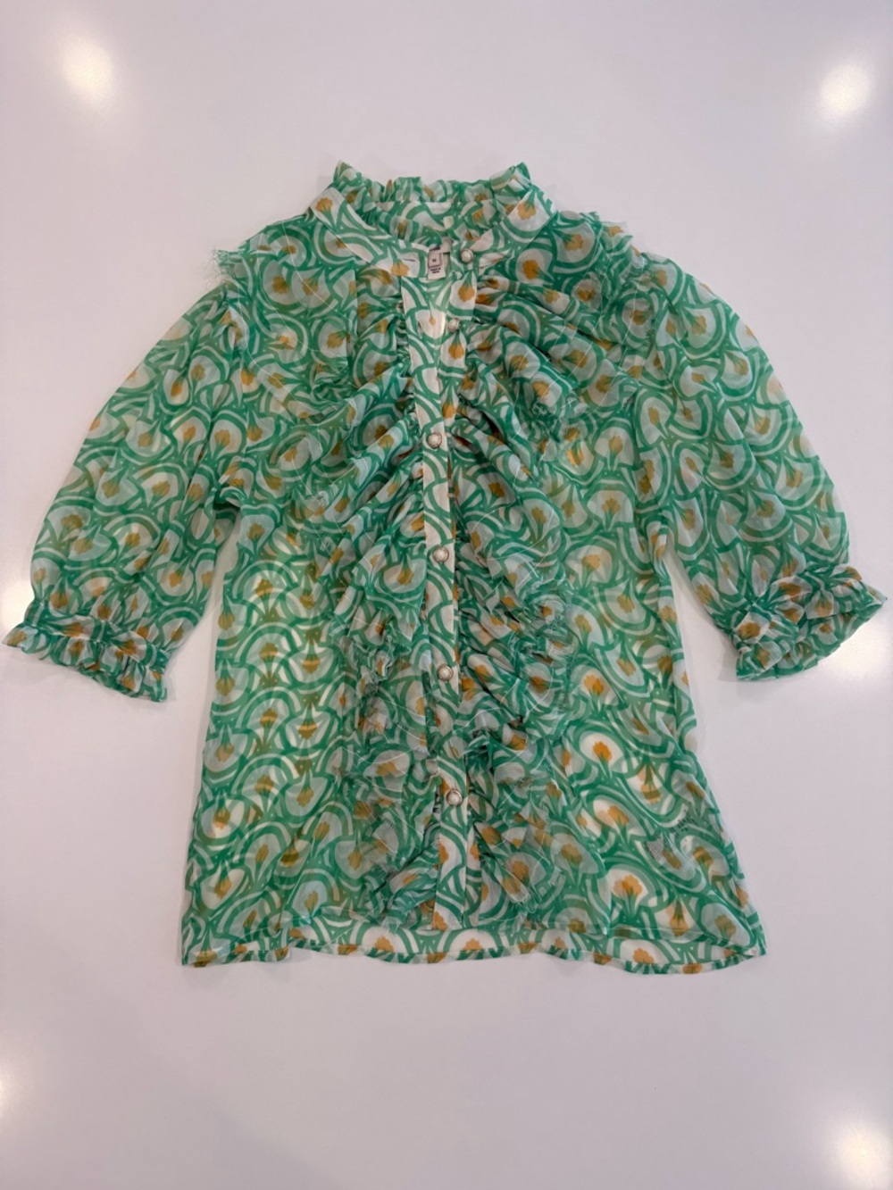 River Island Blouse Women’s 10 Green/Beige/White Ruffled Shear Short Sleeves